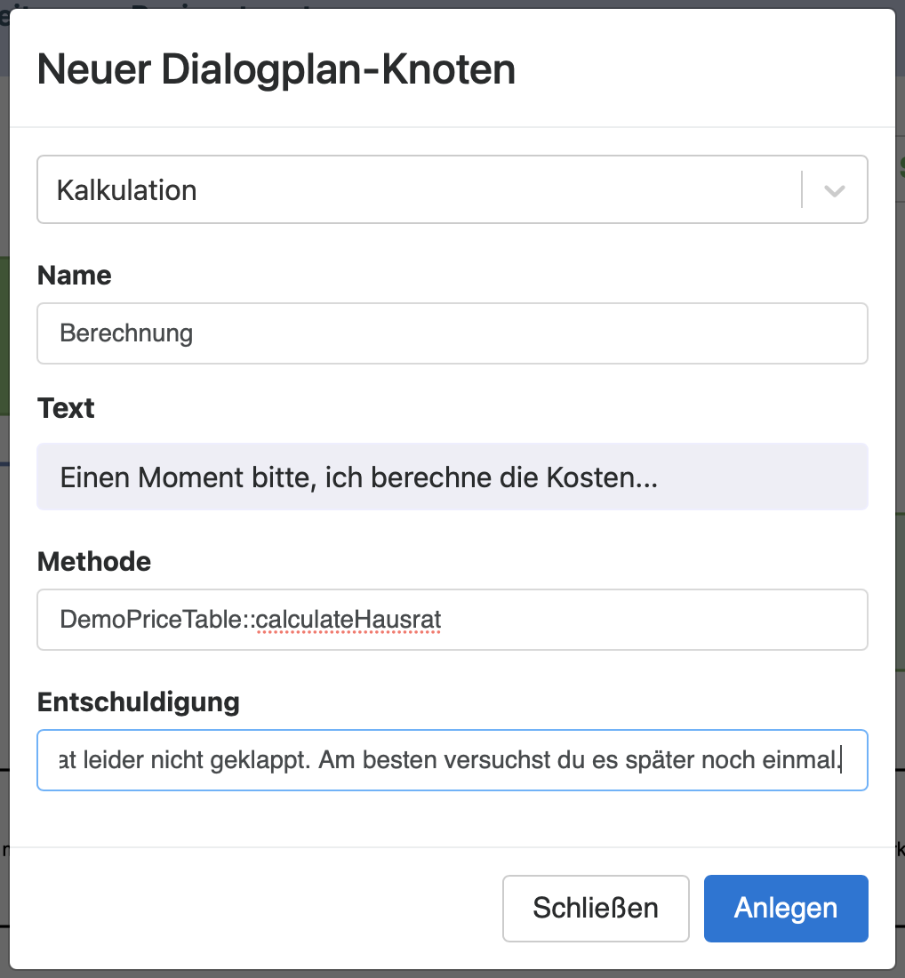 Ein neuer Dialogplan-Knoten mit Kalkulation