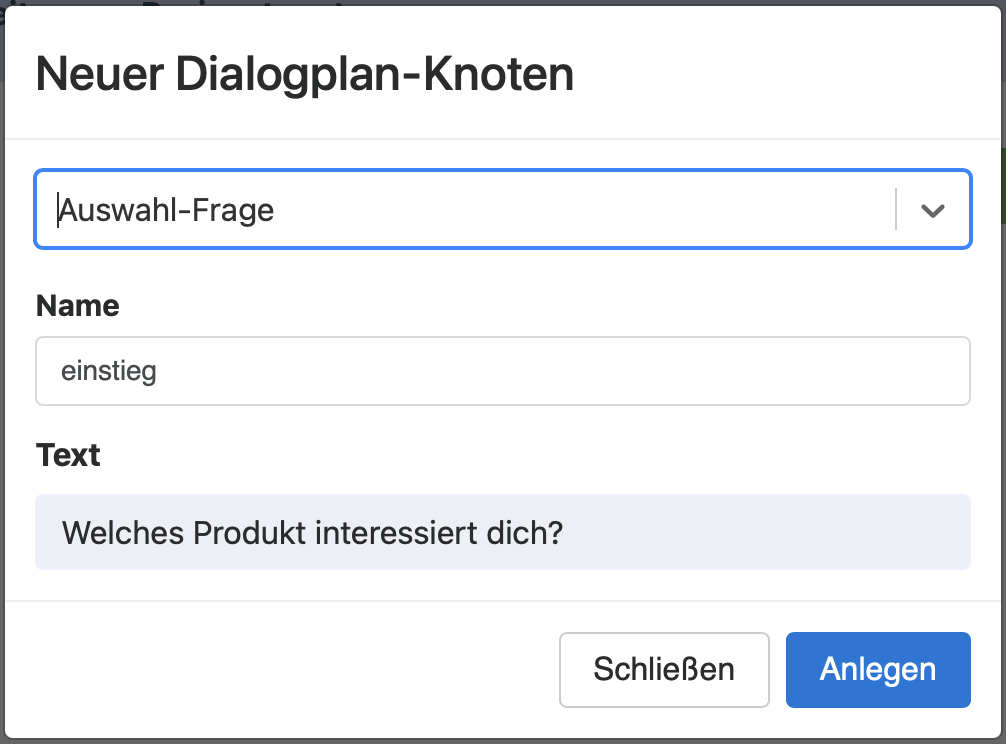 Fenster zur Spezifikation eines neuen Dialogplan-Knotens