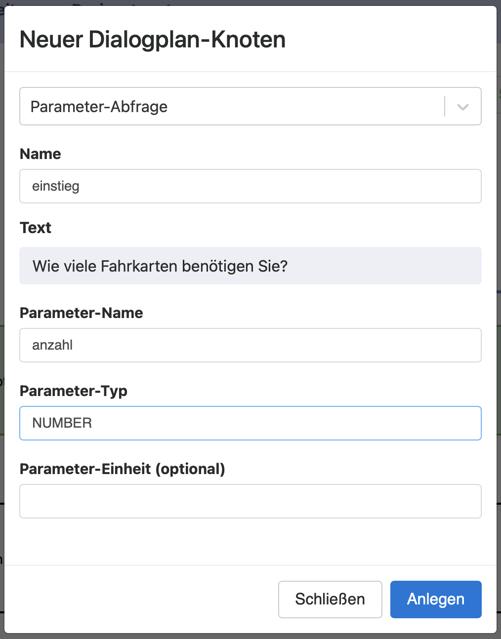 Ein neuer Dialogplan-Knoten mit Parameterabfrage