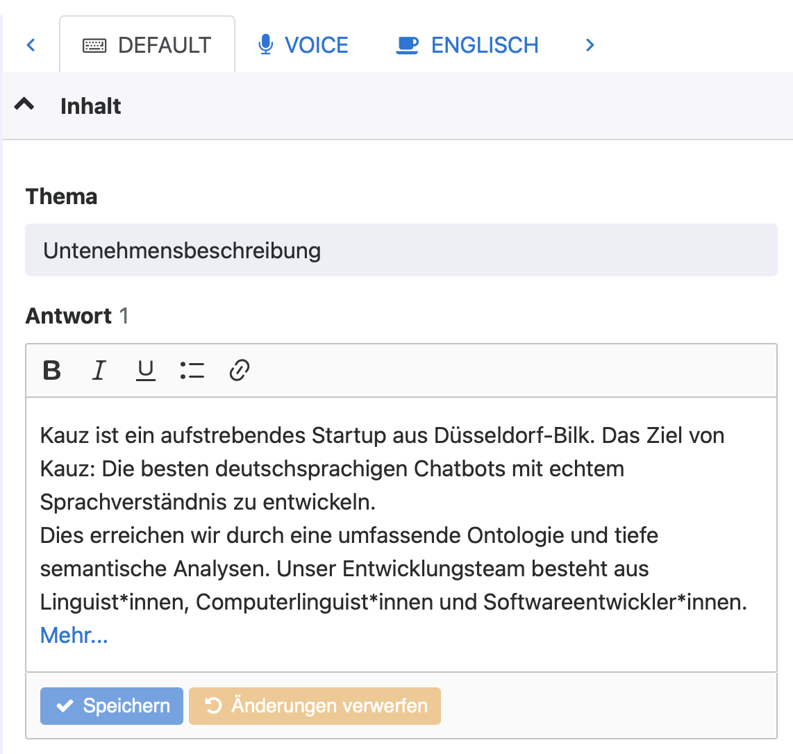 Themenkatalog mit Kanälen für Voice und Englisch