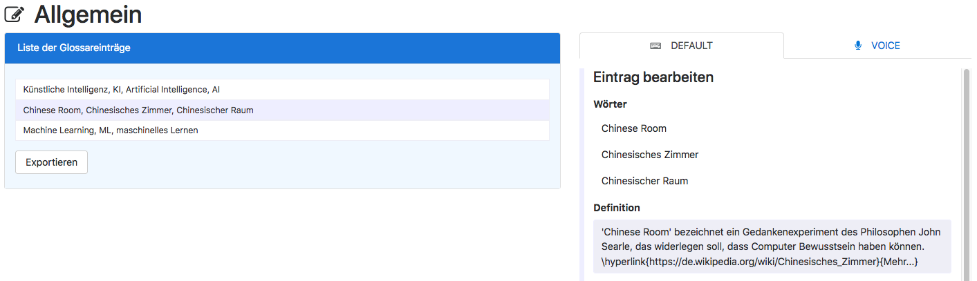 Glossar mit einem Beispieleintrag