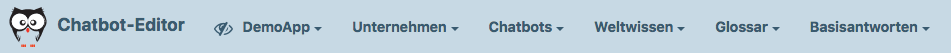 In diesem Beispiel werden die Themenbereiche "Unternehmen", "Chatbots", "Weltwissen", "Glossar" und "Basisantworten" verwendet.