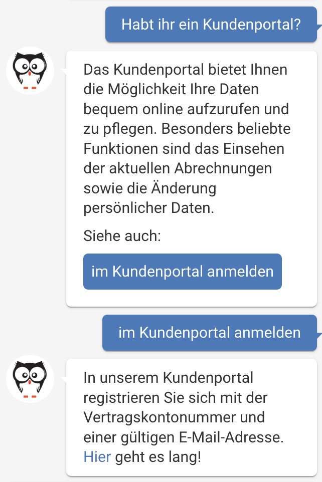 Chatbotantwort mit weiterführender Antwort "im Kundenportal anmelden"